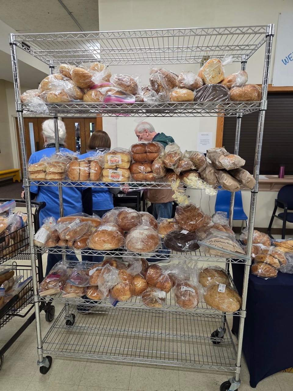 Shelves of baked goods at the Canton Helpline Food Pantry.